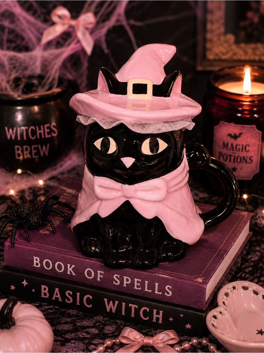Light Pink Witch Cat Ceramic Mug NWT